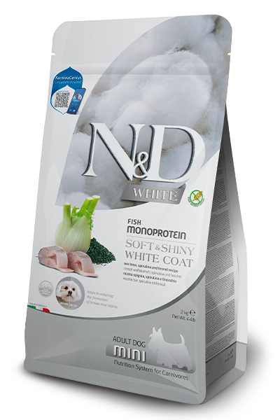 Farmina N&D White - Ração Cão Adulto Mini Robalo, Spirulina e Funcho