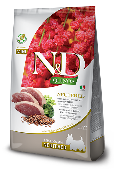 Farmina N&D Quinoa - Ração Cão Adulto Esterilizado Mini Pato, Quinoa, Brócolos e Espargos