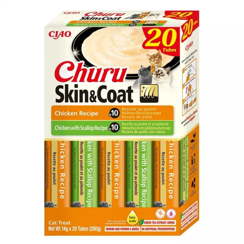 Churu Gato Box Skin & Coat de Frango & Vieira - Snack Cremoso para Gato